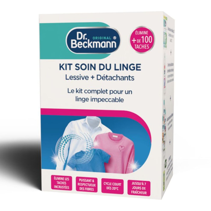 KIT DR BECKMANN soin du linge - lessive en feuilles, brosse détachante, 4 détachants & lessive cycle court