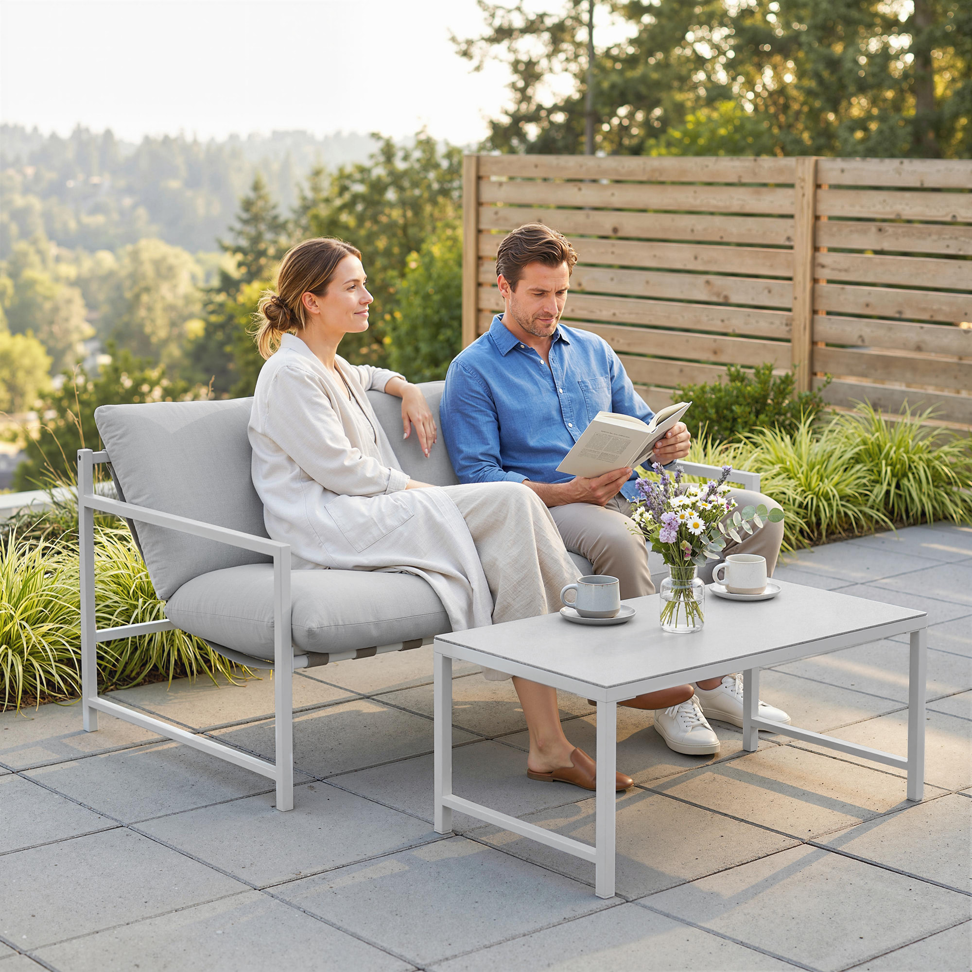 Ensemble canapé jardin épais coussins table basse design gris clair