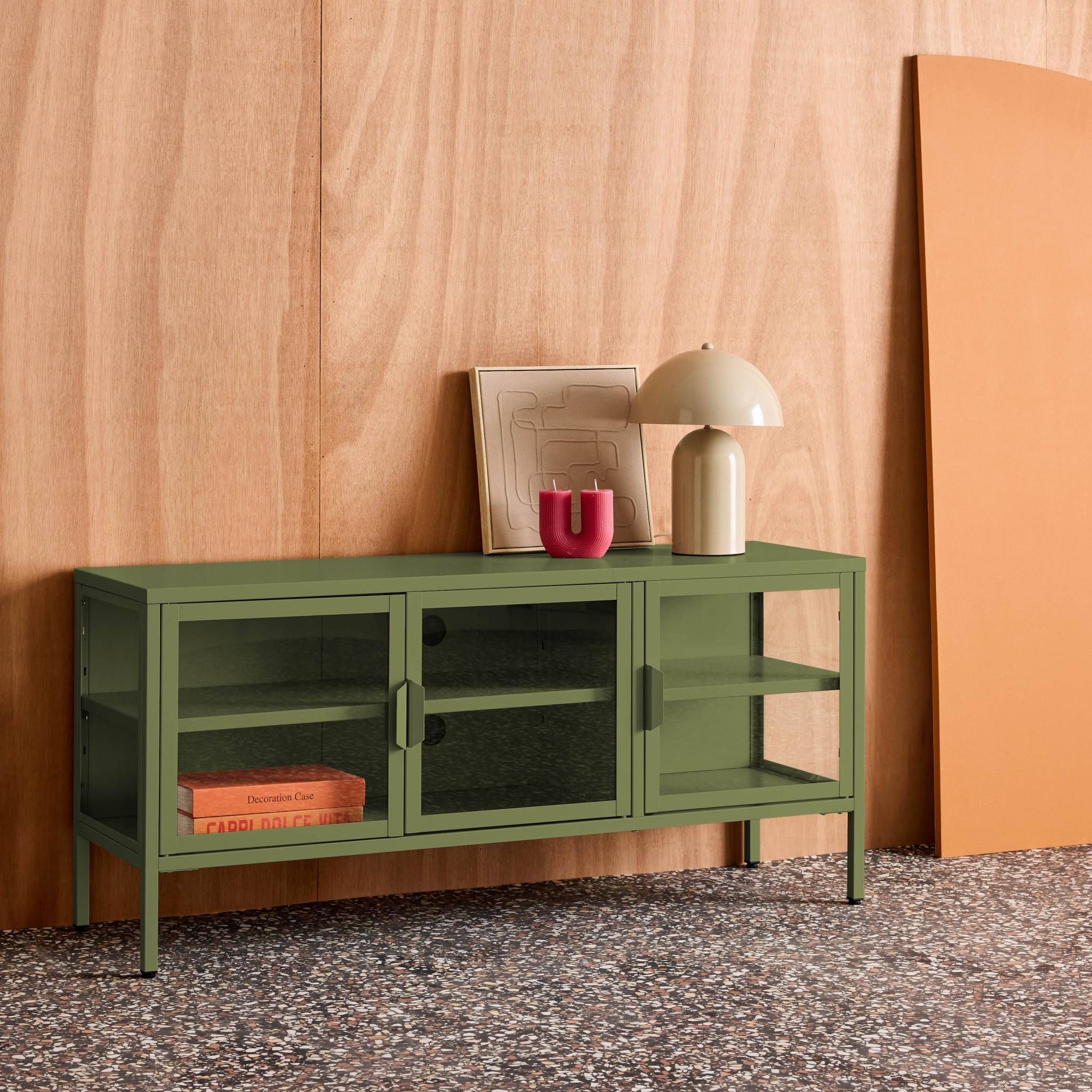 Meuble TV industriel métal et verre trempé 3 portes 120cm ARKANSAS