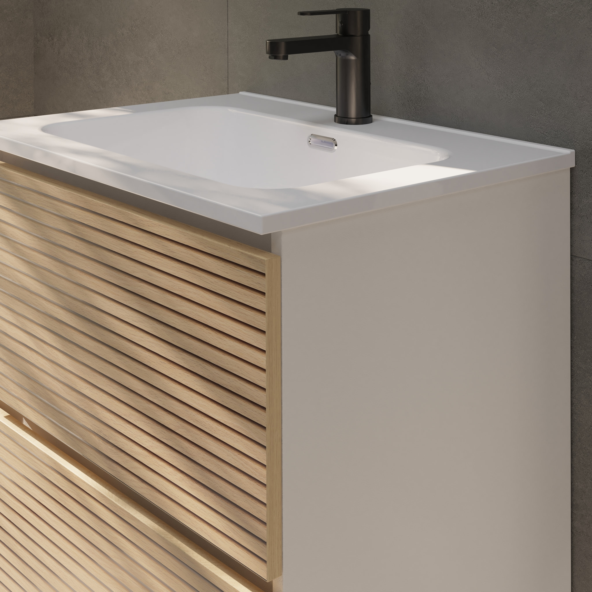 Conjunto de Baño Yinu | 60 cm Blanco - Solomon | Dos Cajones | Lavabo Encastrado | No incluye Espejo | Alday