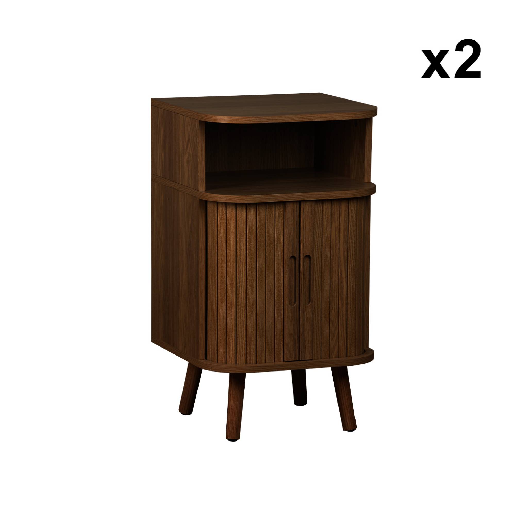 Lot de 2 tables de chevet 2 portes coulissantes + 1 niche effet bois rainuré noyer. L 40 x P 40 x H 70cm