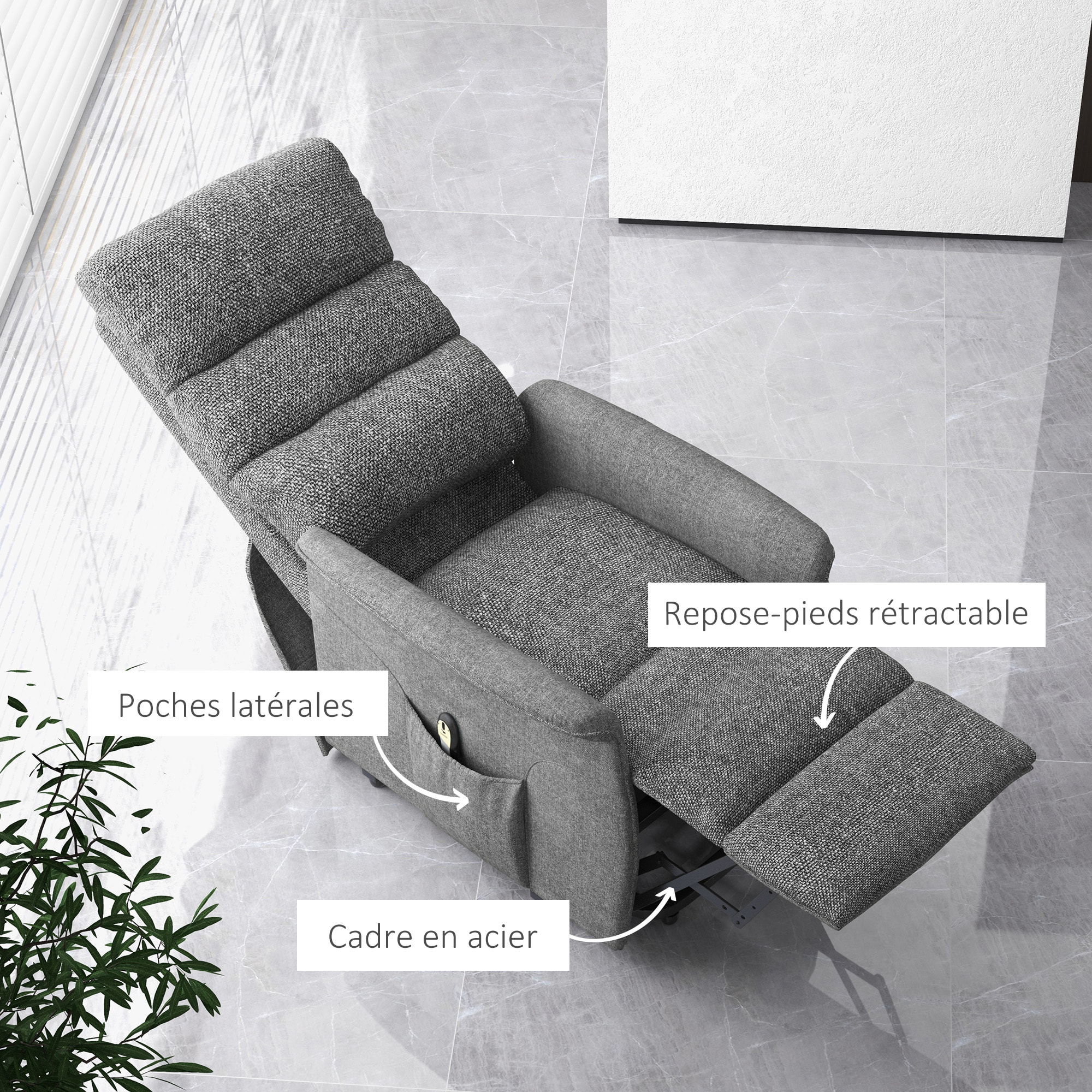 Fauteuil de relaxation électrique télécommande - fauteuil releveur inclinable, repose-pied ajustable - tissu polyester aspect lin gris chiné