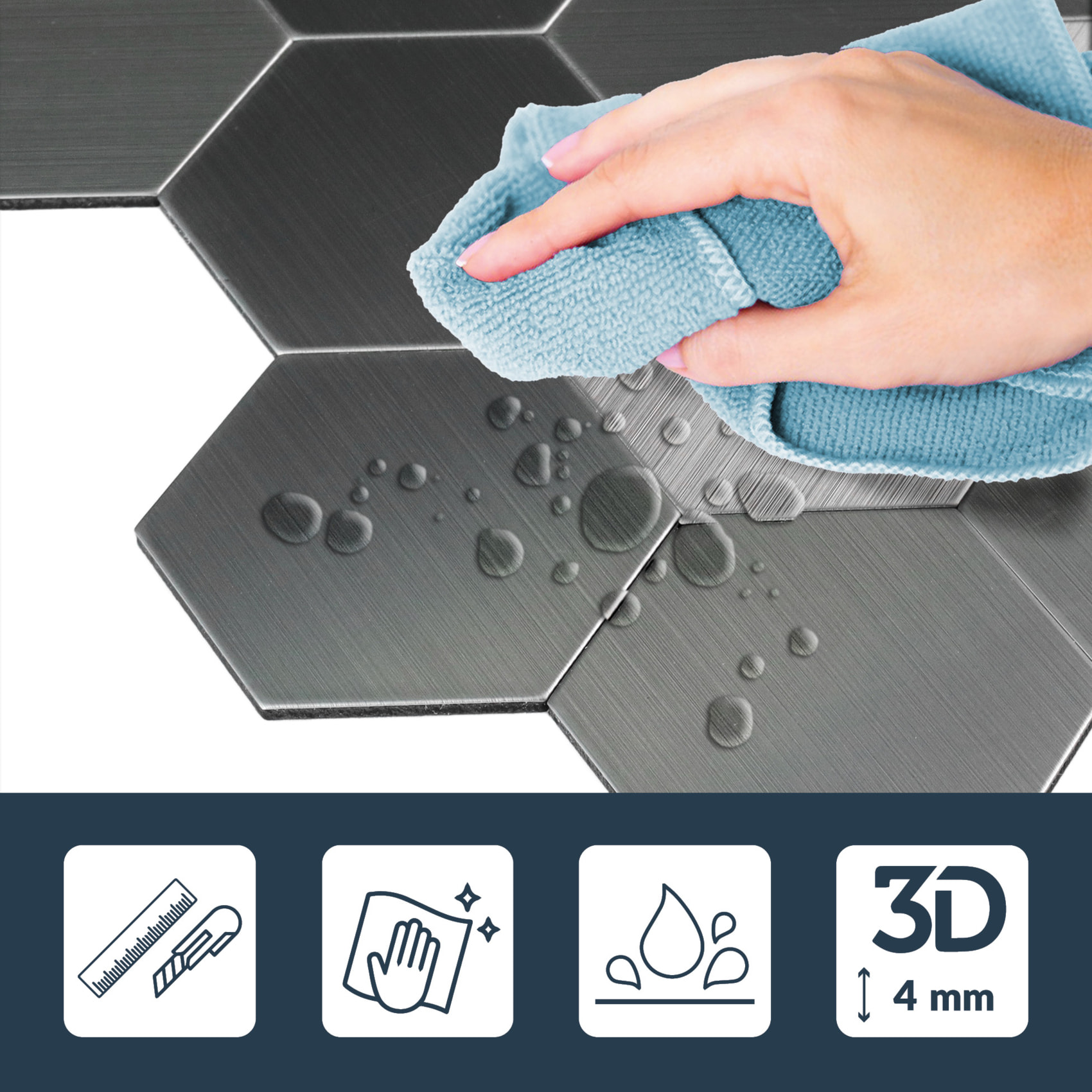 Crédence adhésive murale 3D  - Effet carrelage hexagonal 4 pièces - Argent