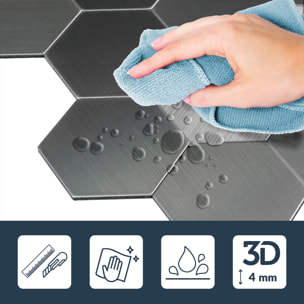 Crédence adhésive murale 3D  - Effet carrelage hexagonal 4 pièces - Argent