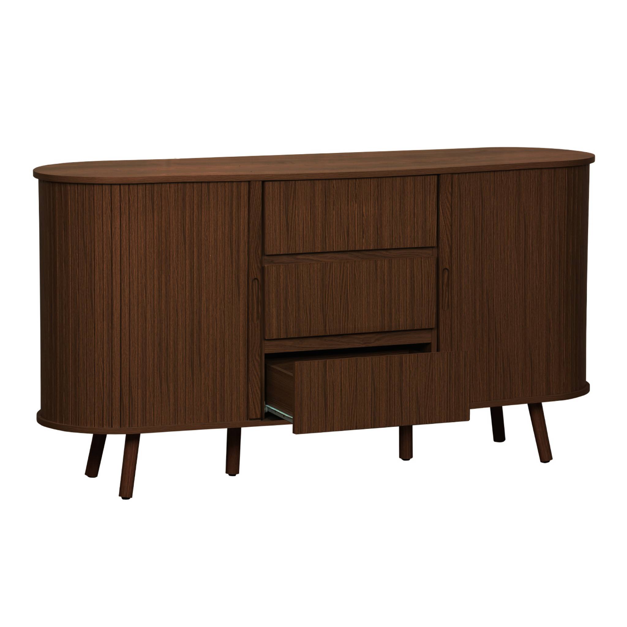 Buffet scandinave ovale 2 portes coulissantes. 4 compartiments. 3 tiroirs. effet bois rainuré. teinte noyer. L 150 x P 40 x H 79cm