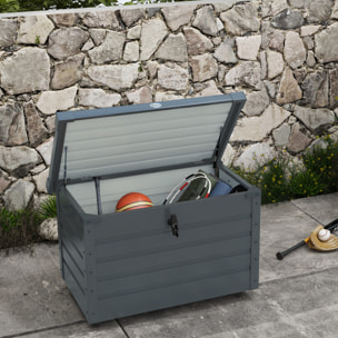 Arcón Exterior Capacidad 295L, Baúl de Almacenaje de Acero Galvanizado con 4 Ruedas, 2 Asas y Tapa con Cerradura, Impermeable, para Jardín, Terraza, Patio, 100x62x65 cm, Gris Oscuro