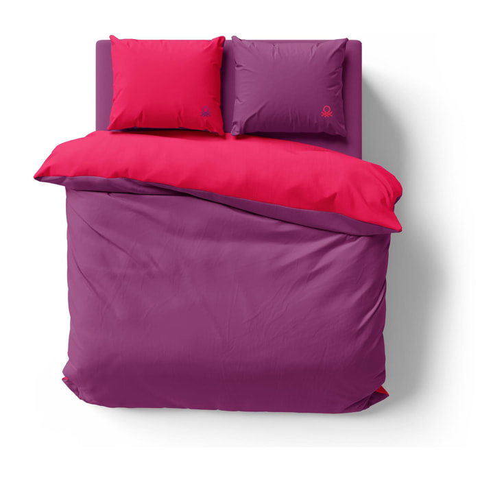 Set de cama 150 - 160 cm 100% algodón - funda nórdica reversible 200x220 + sábana bajera 150 - 160x200+30cm + 2x funda de almohada 50x70cm - rosa y morado rainbow benetton