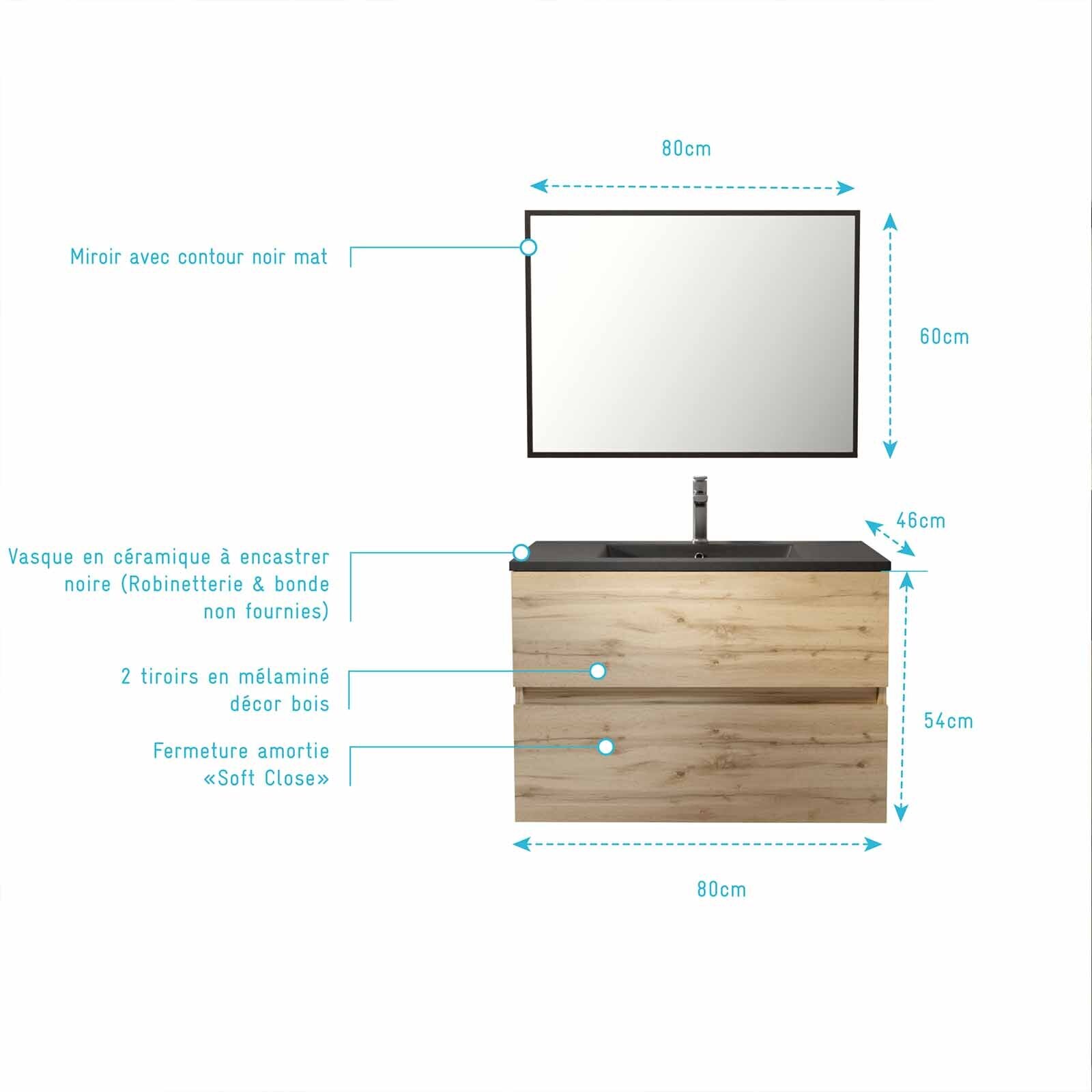 Pack Meuble SDB 80cm suspendu 2 tiroirs Chene_Vasque noire + Miroir - TIMBER 80