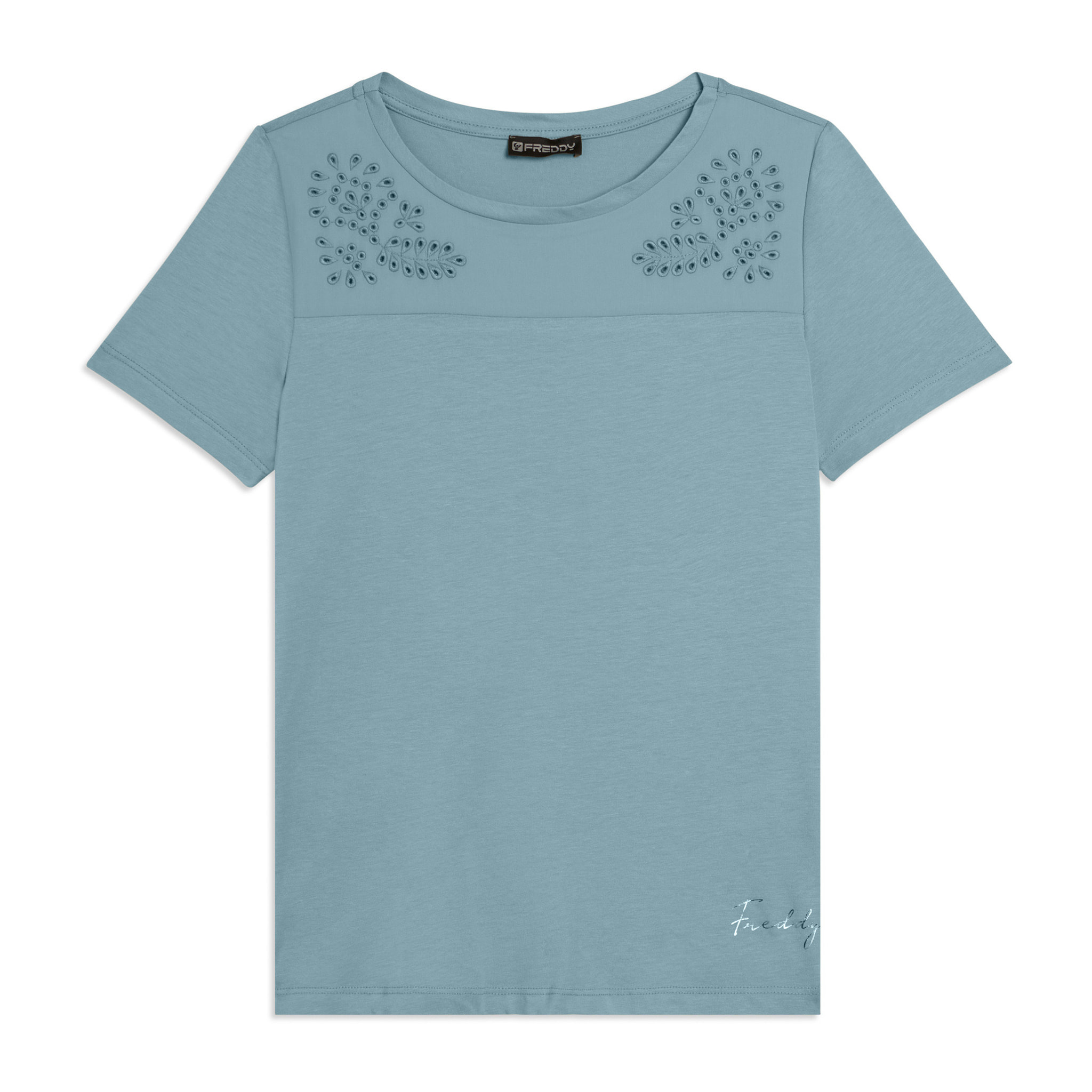 T-shirt in Jersey con Ricami Floreali