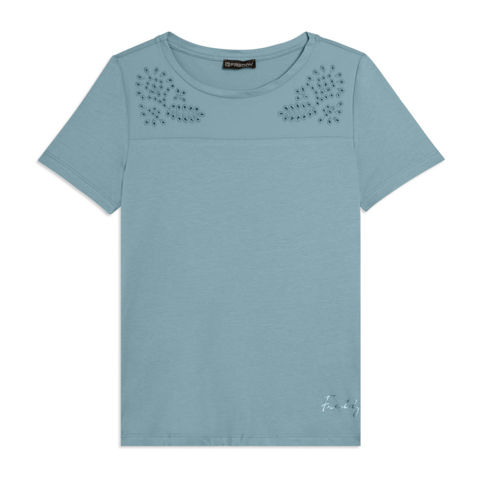 T-shirt in Jersey con Ricami Floreali