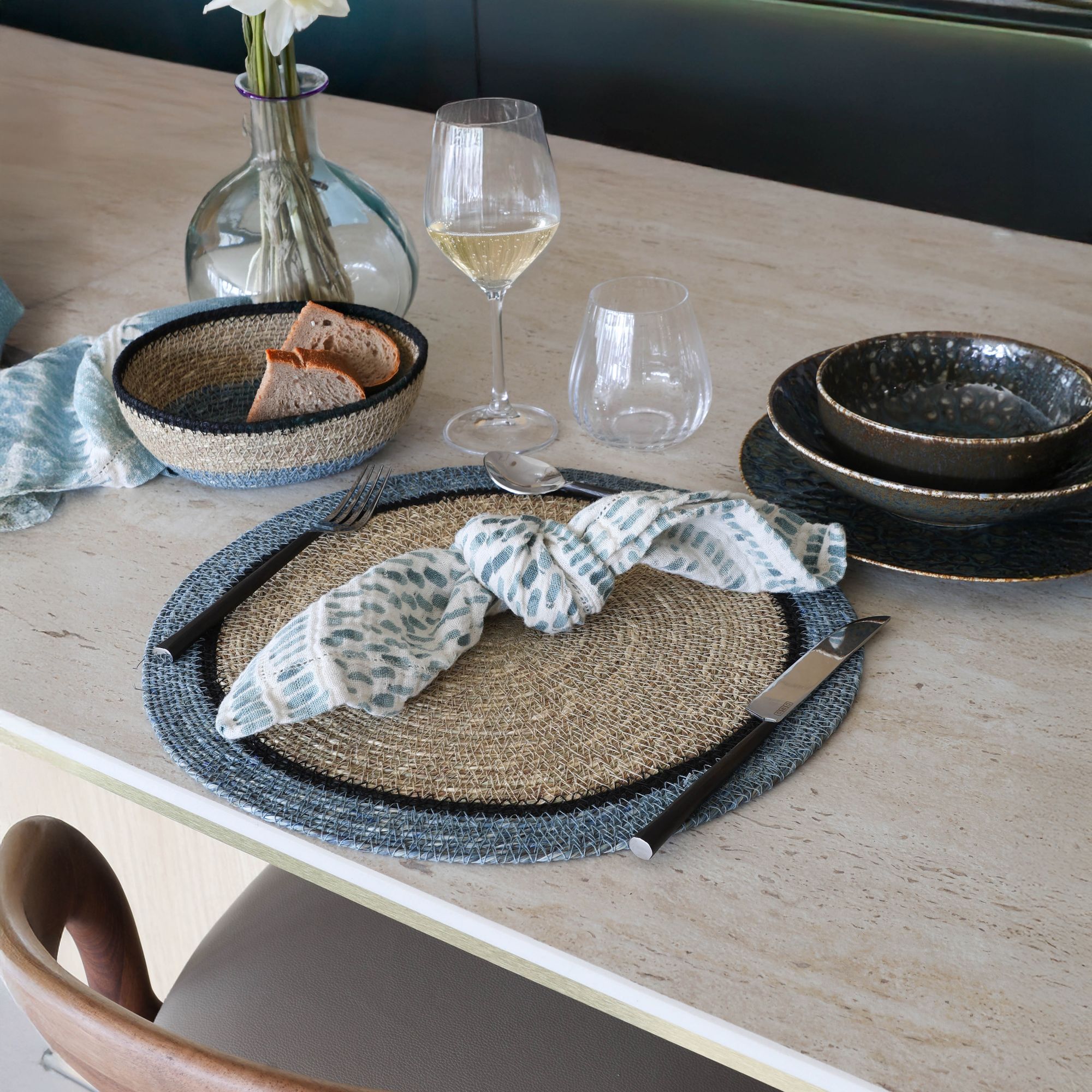 Lot de 6 sets de table en jonc de mer naturel et bleu d38cm IRIS