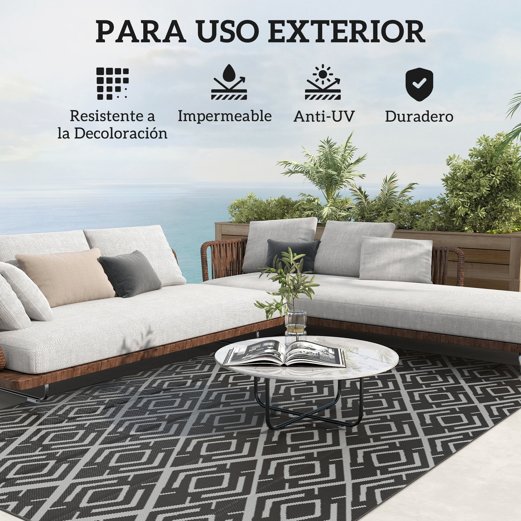 Alfombra de Exterior 182x274 cm Alfombra Reversible con Patrón Geométrico de Rombos Impermeable Bolsa de Transporte para Terraza Balcón Patio Camping Playa Negro