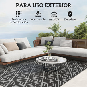 Alfombra de Exterior 182x274 cm Alfombra Reversible con Patrón Geométrico de Rombos Impermeable Bolsa de Transporte para Terraza Balcón Patio Camping Playa Negro