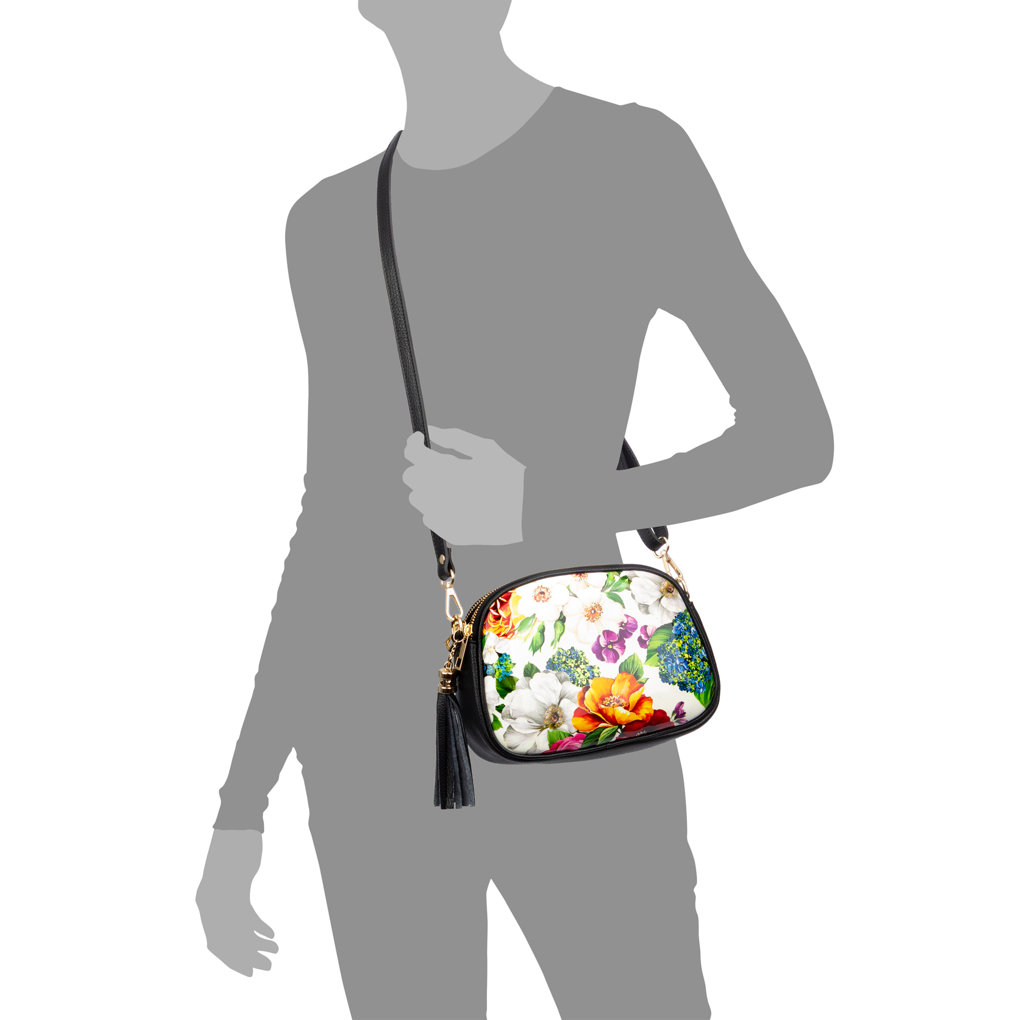 Aliminusa bolso bandolera mujer. Piel auténtica Dollaro, frontal sintético con diseño floral.