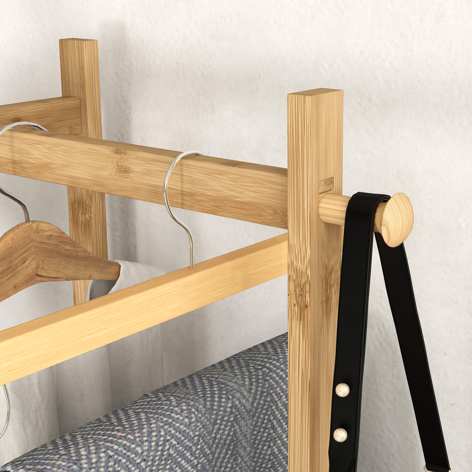 Perchero de Pie de Bambú, con 2 Estantes, 2 Ganchos, 5 Barras, Perchero de Entrada Recibidor con Estructura de Acero, para Colgar Ropa, en Pasillo, Sala de Estar, Dormitorio, Natural y Negro