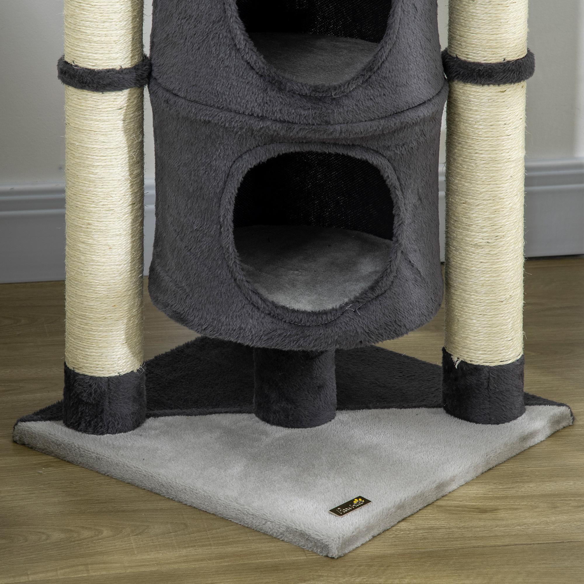 Árbol para Gatos Altura 114 cm Barril Rascador para Gatos de 2 Niveles con Plataforma Postes de Yute y Bola Colgante 39x39x114 cm Gris