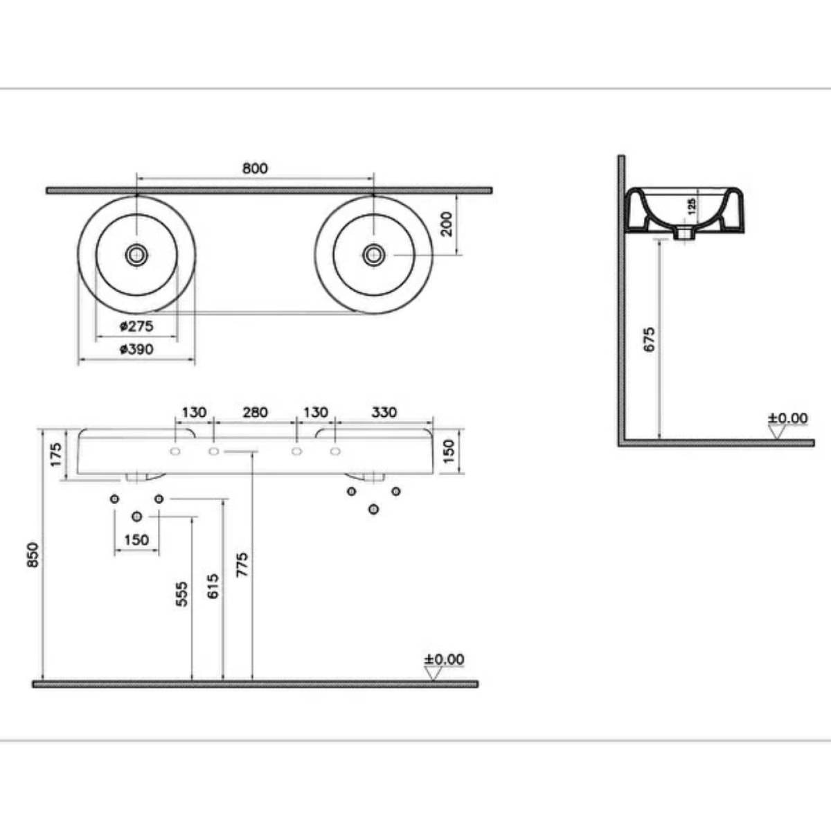 Double lavabo VITRA Liquid 120 cm sans trou et sans trop-plein