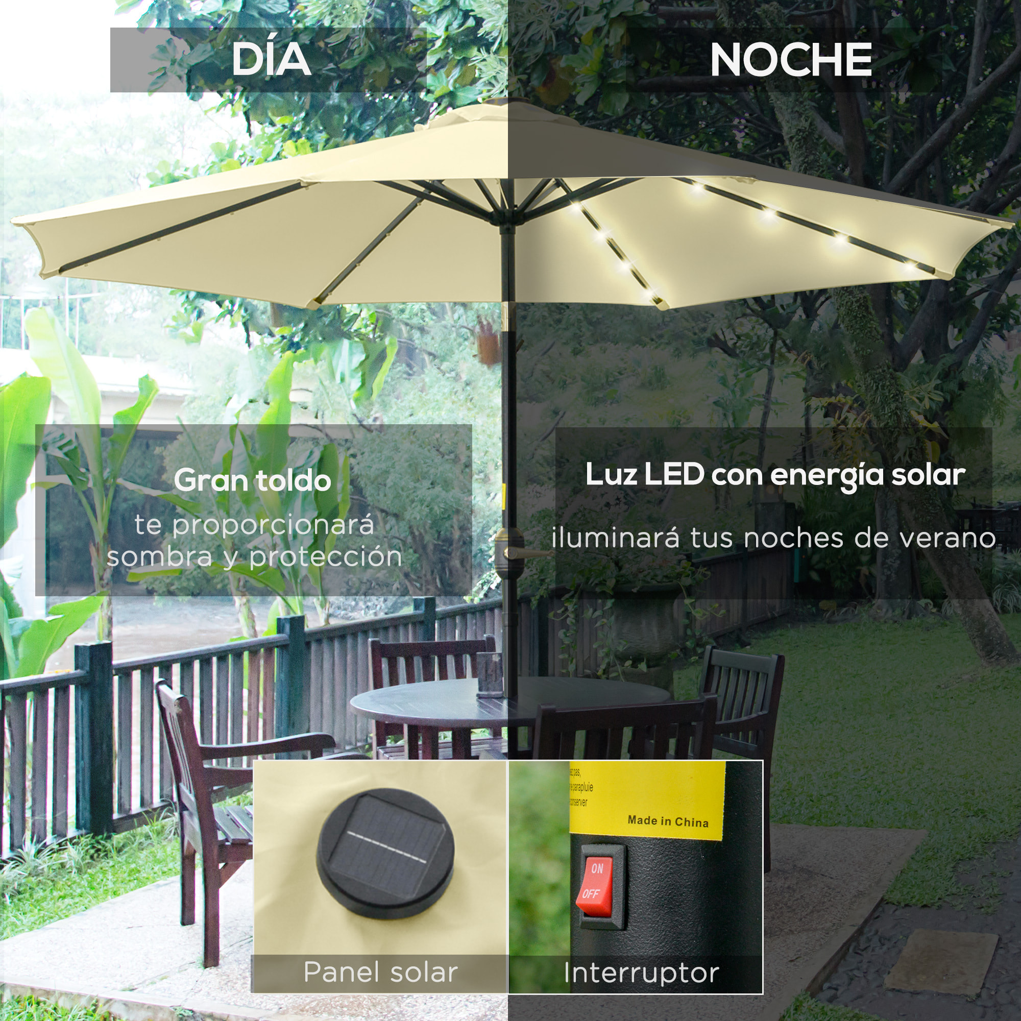 Outsunny Sombrilla Terraza Exterior, Ø265 cm, Sombrilla de Jardín con 32 Luces LED Solares, Poste de Acero y Manivela de Parasol Inclinable, para Patio, Terraza, Beige