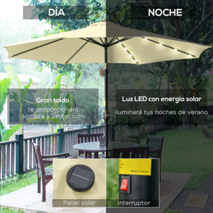 Outsunny Sombrilla Terraza Exterior, Ø265 cm, Sombrilla de Jardín con 32 Luces LED Solares, Poste de Acero y Manivela de Parasol Inclinable, para Patio, Terraza, Beige