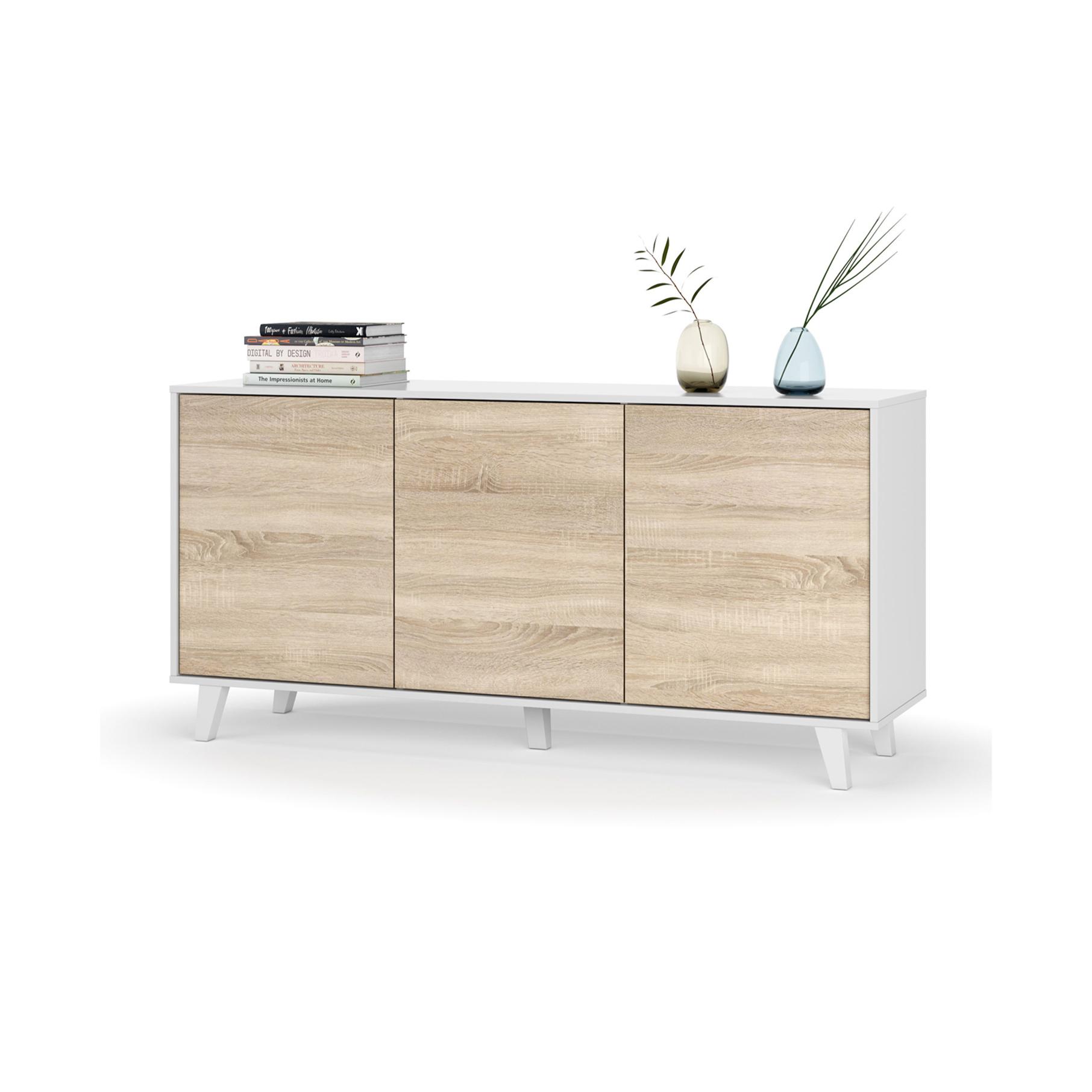 Credenza Arvada, Madia moderna a 3 ante e ripiani, Buffet da cucina, Buffet di design da soggiorno, cm 154x40h75, Bianco lucido e Bianco