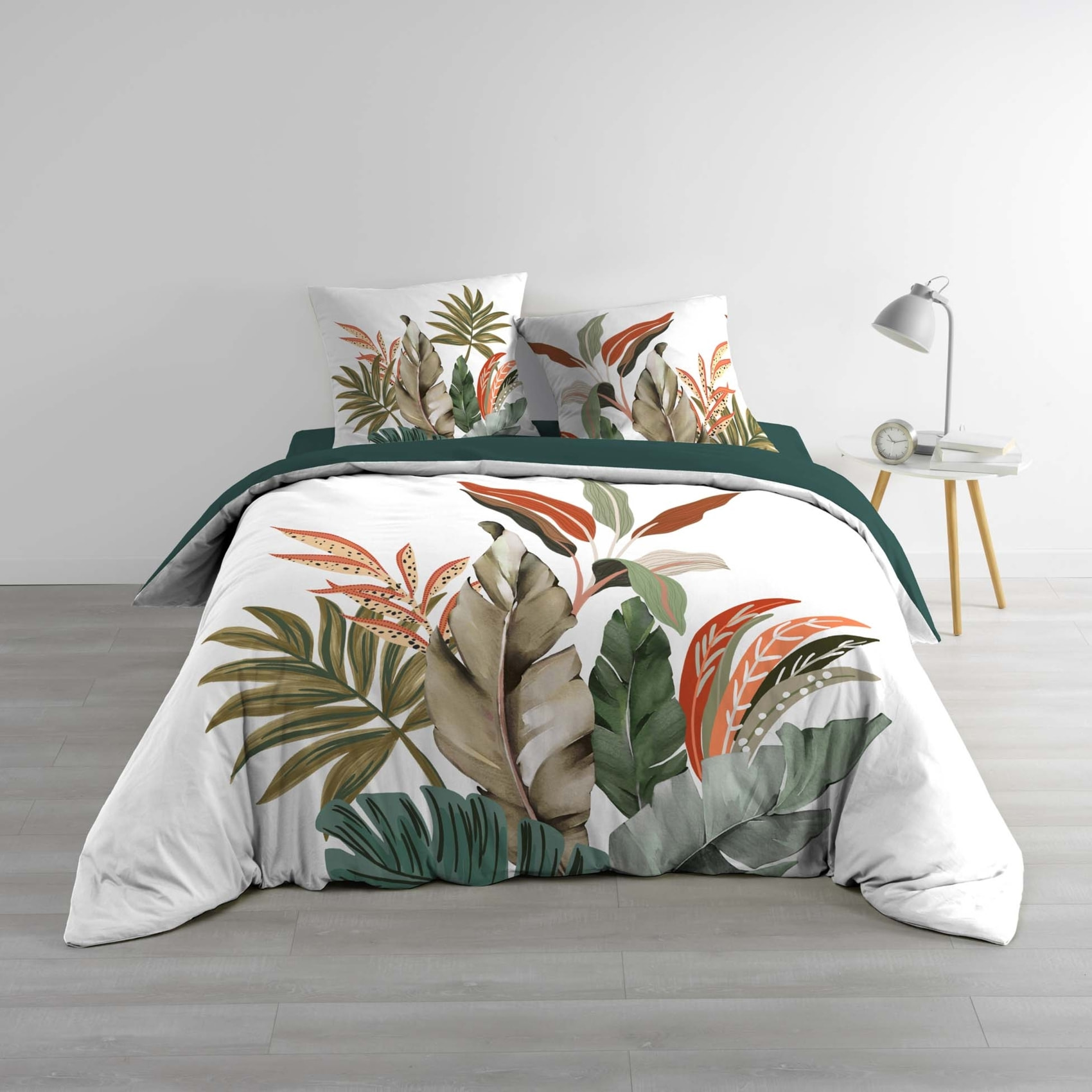 Parure de lit 3 pièces 100 % coton imprimé à motif tropical housse + taies - Vert