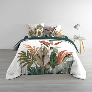 Parure de lit 3 pièces 100 % coton imprimé à motif tropical housse + taies - Vert