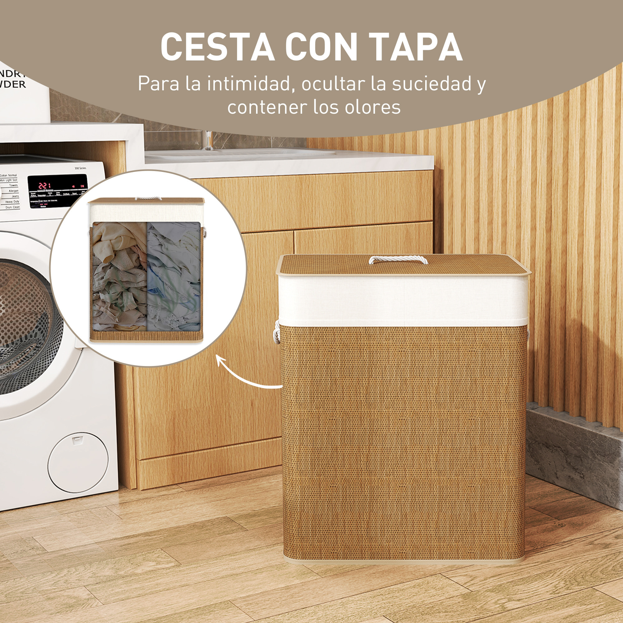 Cesto de Ropa Sucia con Tapa 100L Cesta Colada de Bambú con 2 Compartimentos Bolsa Interior Extraíble para Lavandería Dormitorio 52x32x63 cm Marrón