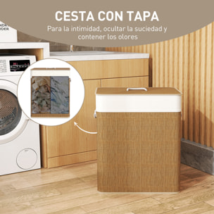 Cesto de Ropa Sucia con Tapa 100L Cesta Colada de Bambú con 2 Compartimentos Bolsa Interior Extraíble para Lavandería Dormitorio 52x32x63 cm Marrón