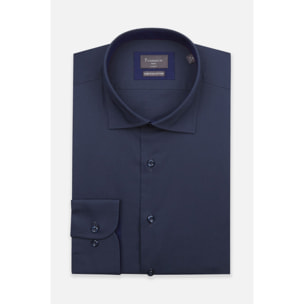 Camicia Uomo 1 Bottone Francese Slim Popeline Stretch Unito Blu
