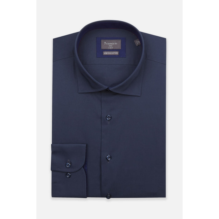 Camicia Uomo 1 Bottone Francese Slim Popeline Stretch Unito Blu
