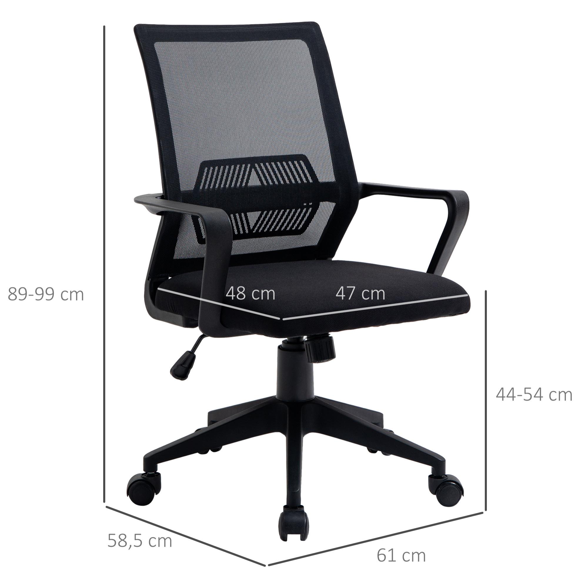 Vinsetto Silla de Oficina Ergonómica Silla de Escritorio Giratoria Ajustable en Altura con Reposabrazos y Soporte Lumbar Tejido Transpirable 61x58,5x89-99 cm Negro