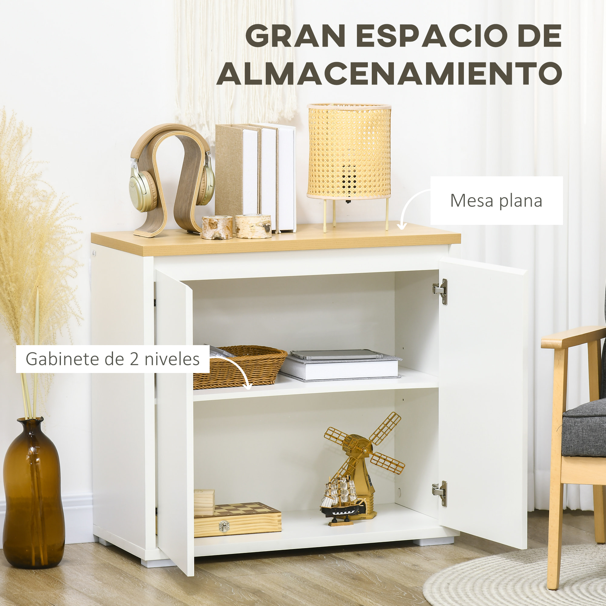 Aparador de Salón Armario de Almacenamiento Mueble Auxiliar de Cocina con 2 Puertas y Estante Ajustable para Comedor Entrada 80x37x75 cm Blanco