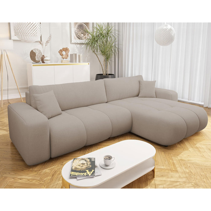 Nicole - Canapé d'angle réversible 5 places convertible avec coffre en tissu - Taupe