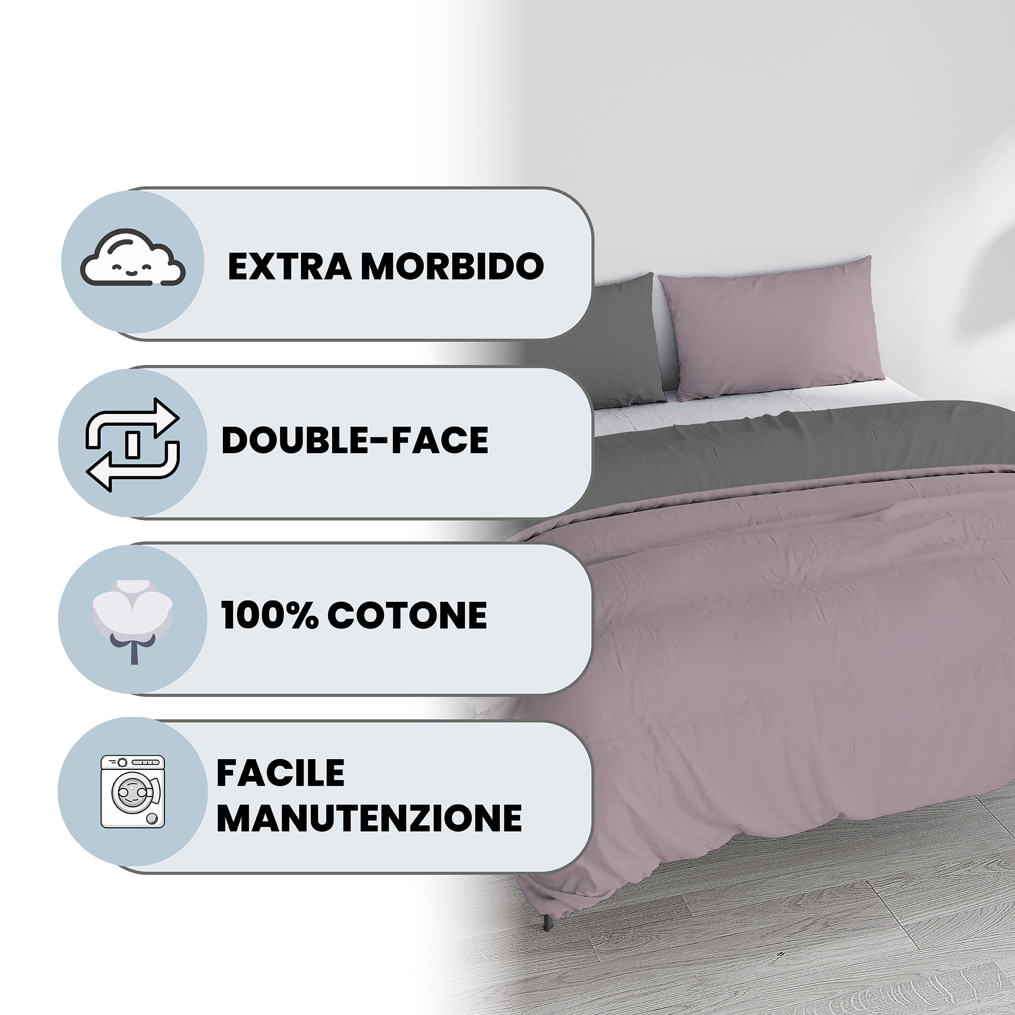 PARURE COPRIPIUMINO NATURAL COLOR, 100% Cotone, Made in Italy - ROSA ANTICO/FUMO