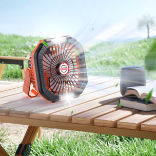 Ventilador P10 con motor sin escobillas, LED con 16 luces, 4 velocidades, 3 niveles de luz y 3 temporizadores. Incluye mando y powerbank de 7800 mAh.