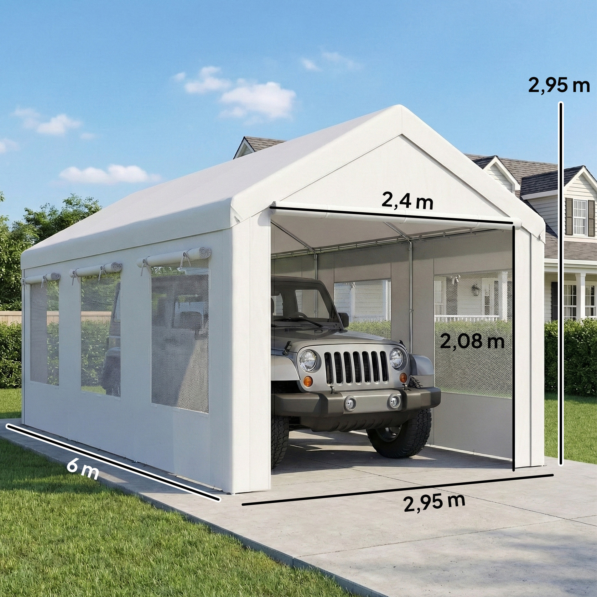 Carport auvent pour voiture 6x3m 8 fenêtres 2 portes zippées acier galvanisé robuste PE haute densité blanc