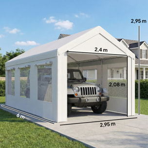 Carport auvent pour voiture 6x3m 8 fenêtres 2 portes zippées acier galvanisé robuste PE haute densité blanc