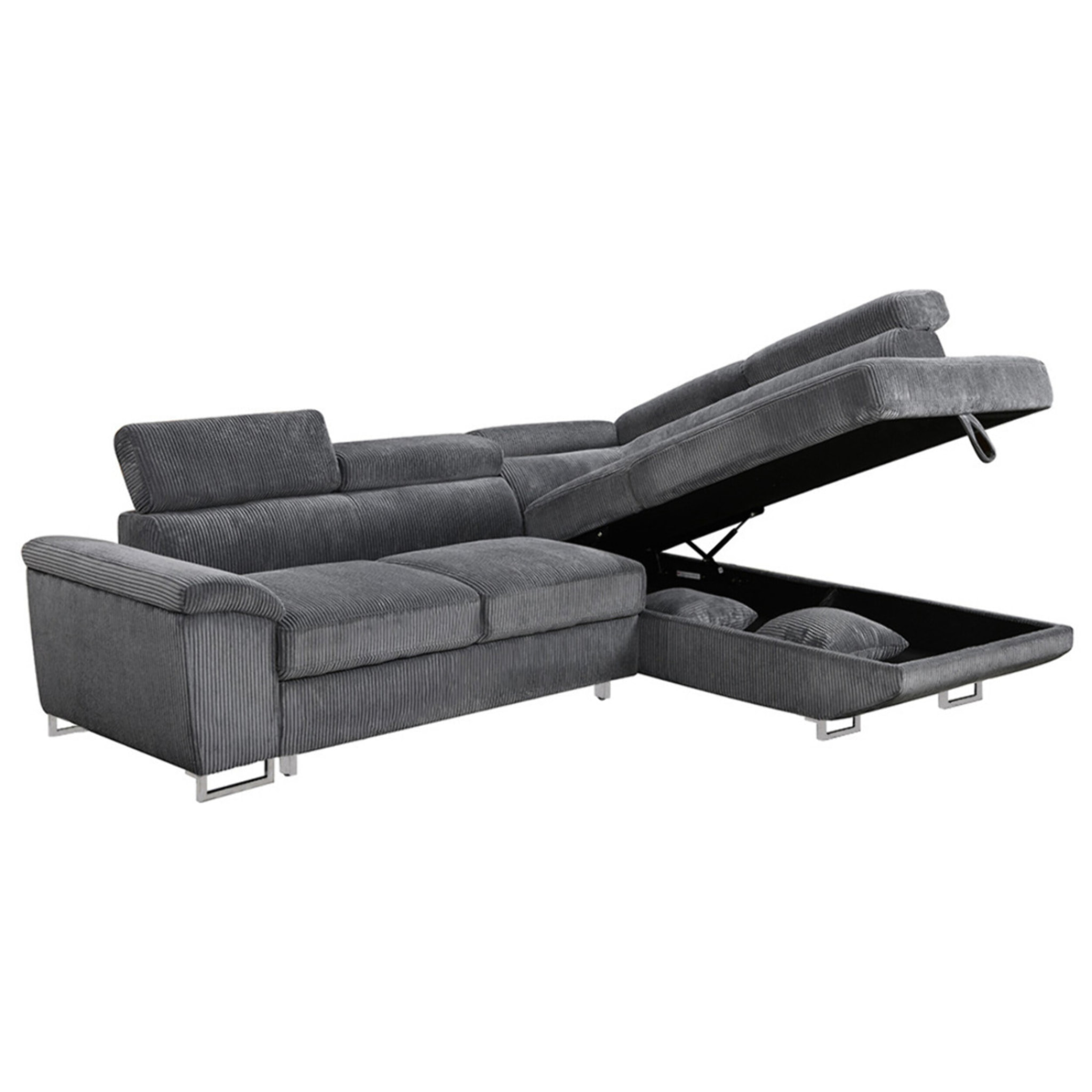Baoji - Canapé d'angle droit 5 places convertible avec têtières et coffre en velours côtelé - Gris