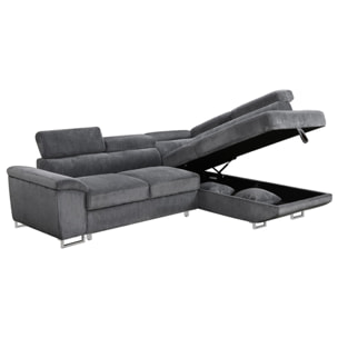 Baoji - Canapé d'angle droit 5 places convertible avec têtières et coffre en velours côtelé - Gris