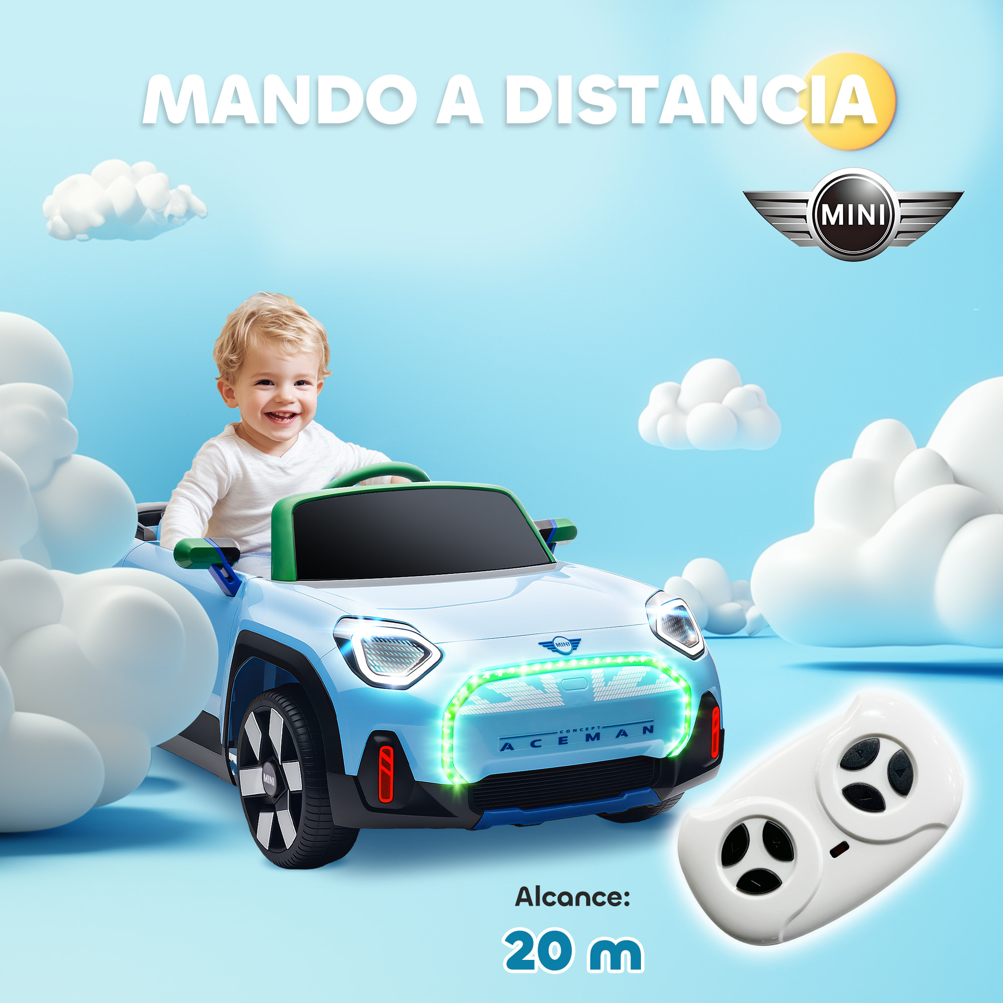Coche Eléctrico para Niños de +3 Años, MINI Concept Aceman, Coche de Batería 12V, con Bluetooth, Mando a Distancia 2,4 G, Motor Doble, Suspensión Trasera, Faros, Música, USB, Azul