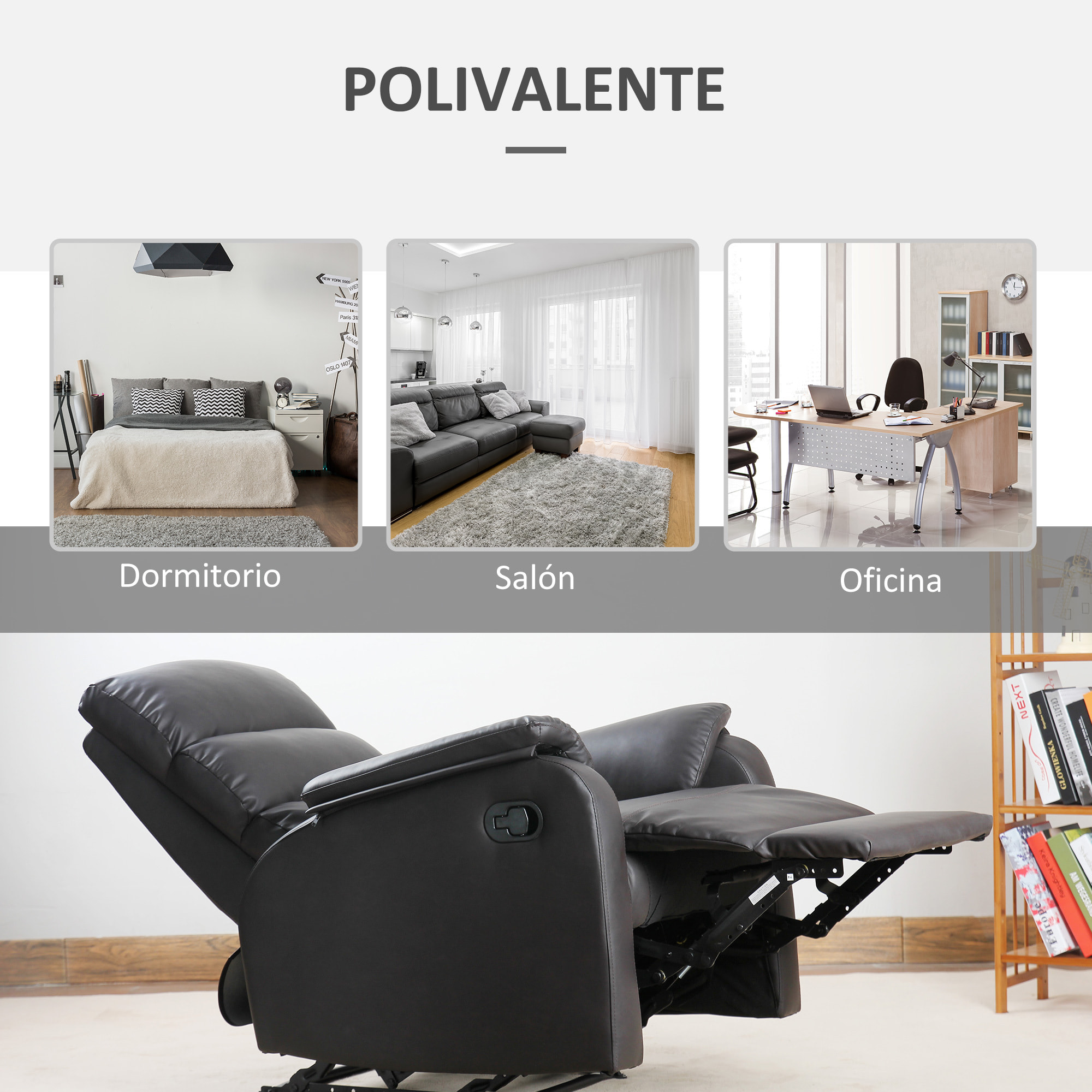 Sillón Relax Reclinable Manual Tapizado en PU con Reposapiés Retráctil Asiento y Respaldo Extra Acolchados para Salón Oficina Dormitorio 75x92x99 cm Marrón