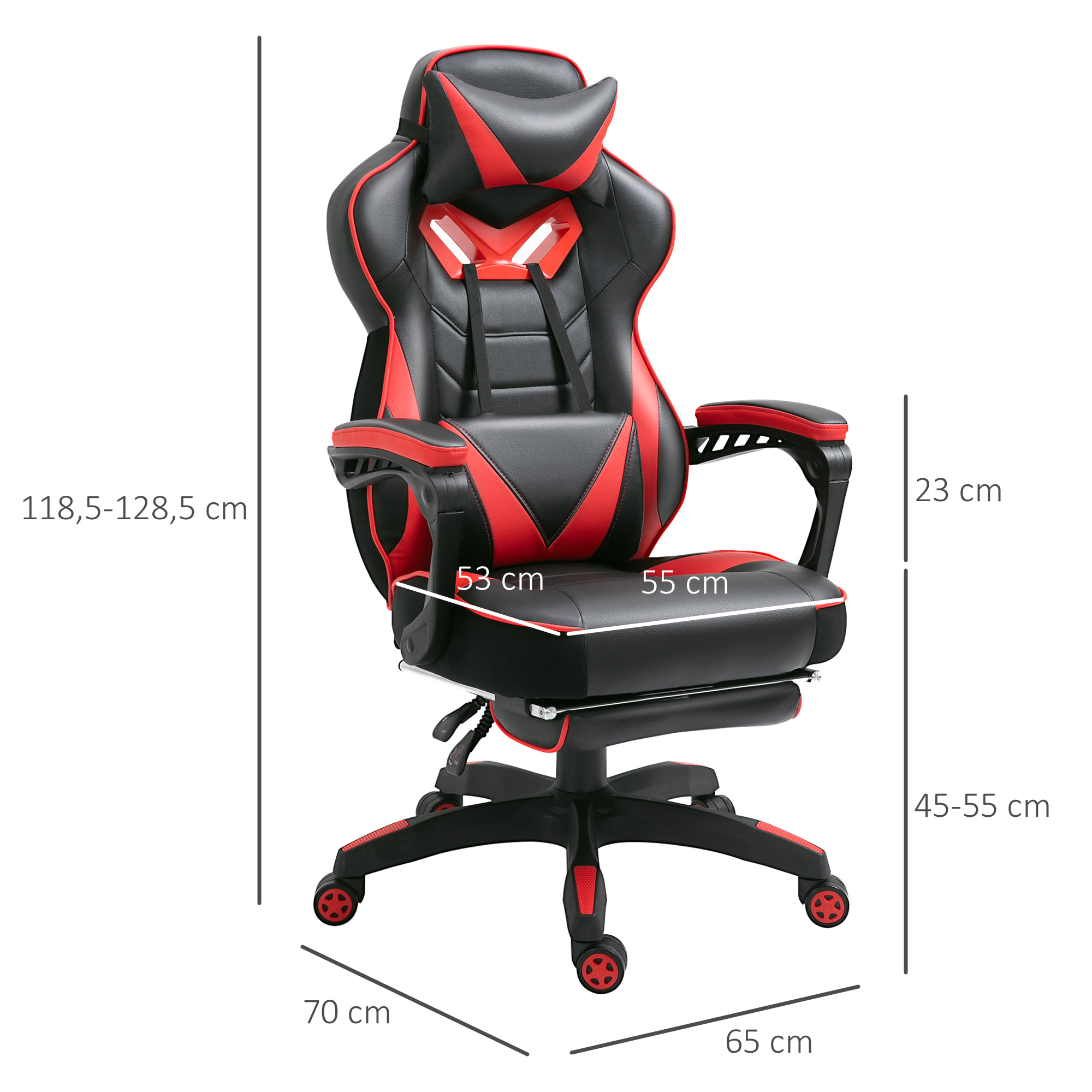 Vinsetto Fauteuil de bureau gamer style baquet racing - pivotant, inclinable - coussin lombaire, tétière, repose-pieds inclus - revêtement synthétique rouge noir