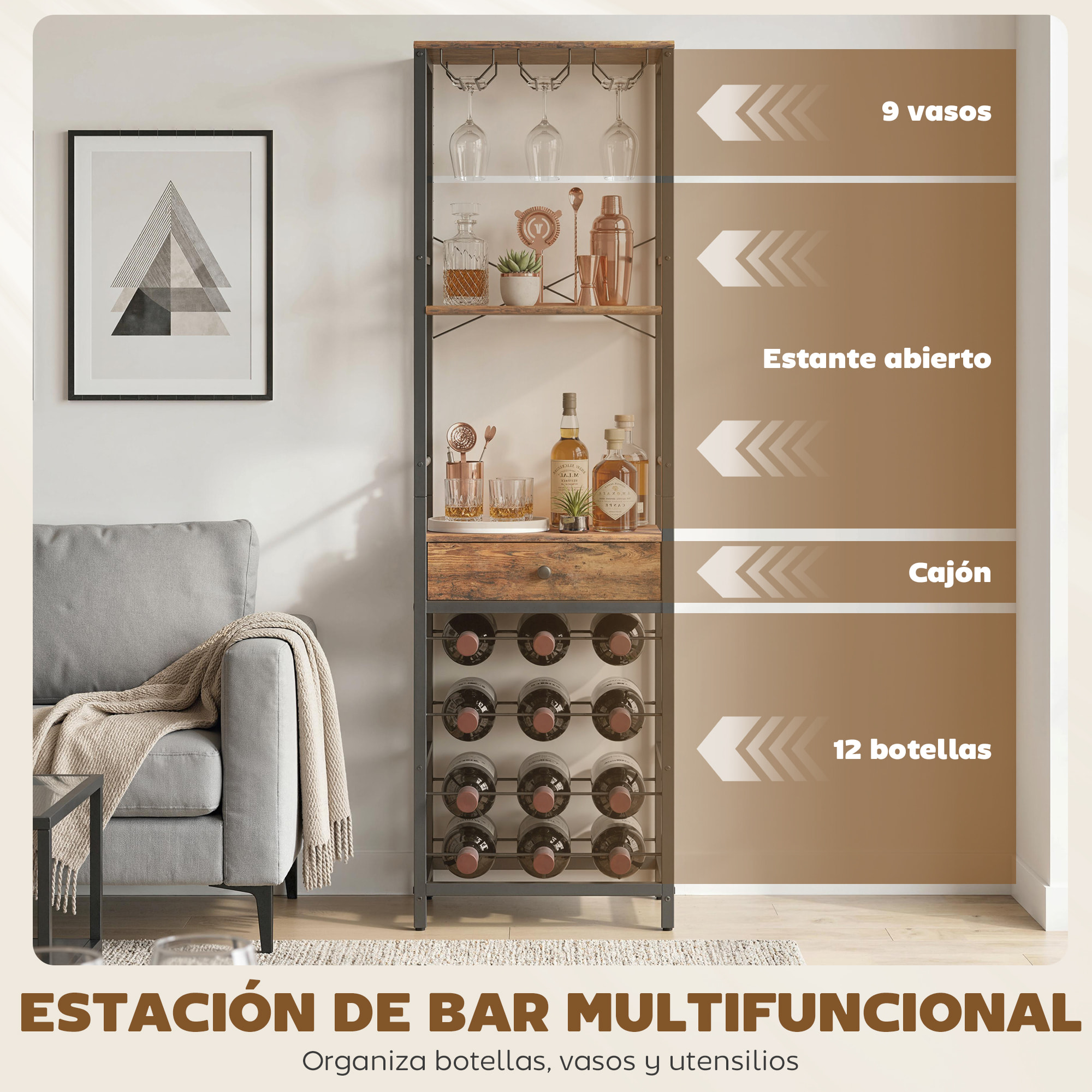 Mueble de Bar para Vinos con Soporte de Copas y Cajón, Botellero para 12 Botellas, con Estante Abierto, Estilo Industrial, para Cocina, Comedor, Bar, 40x30x148 cm, Marrón Rústico