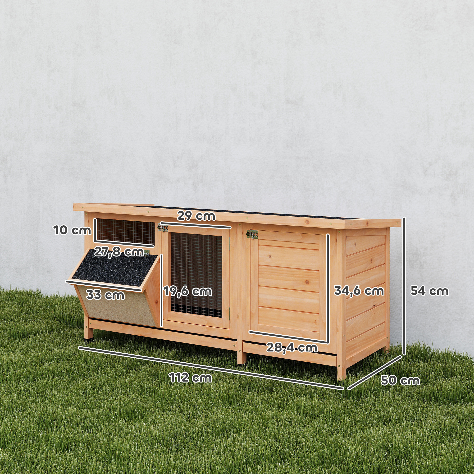 Conejera de Madera, Jaula para Conejos con Techo Asfáltico Abatible, Puertas con Pestillo, Bandejas Extraíbles y Comedero, Conejera para Exterior, 112x50x54 cm, Amarillo