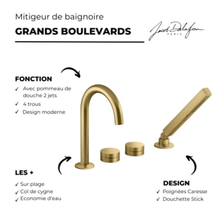 Mitigeur baignoire mécanique sur gorge Grands Boulevards laiton brossé + pommeau de douche 2 jets + corps encastré