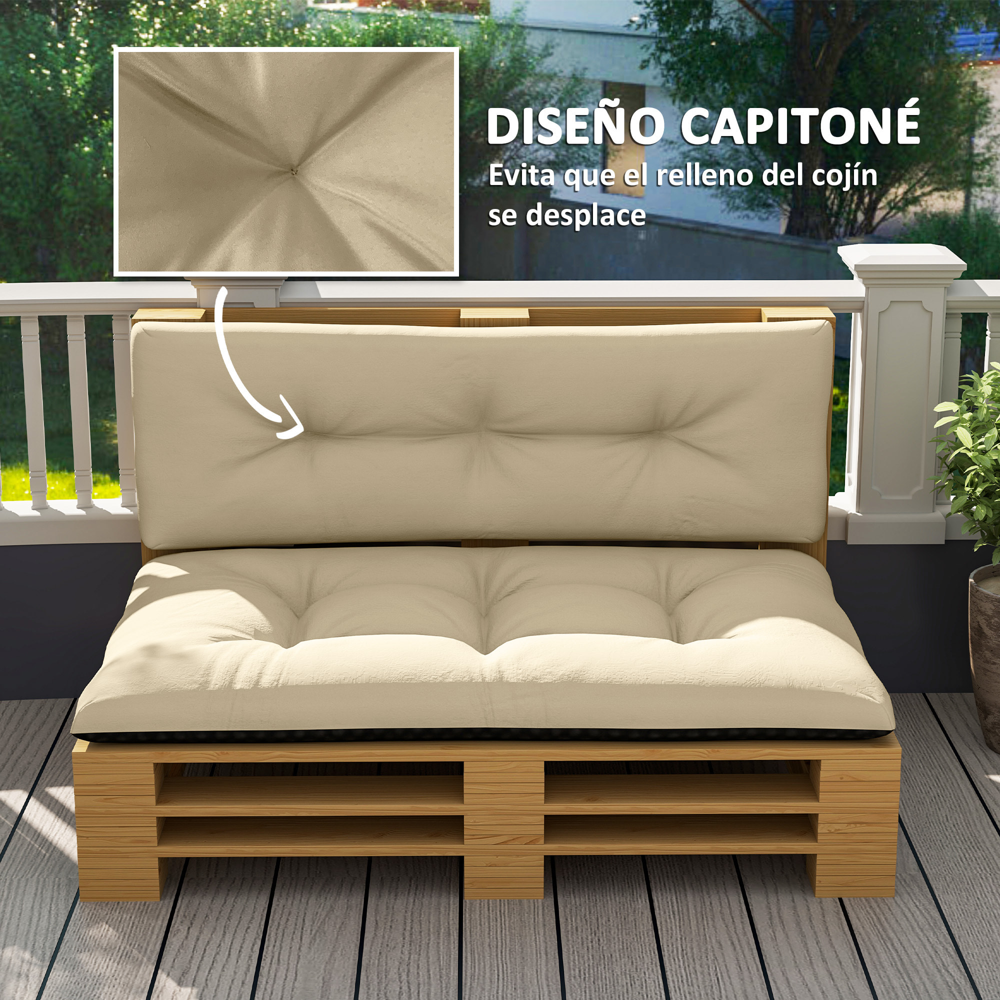 Conjunto de 2 Cojines para Palets con Tela Resistente Impermeable Anti-UV Cojines Exterior para Jardín Terraza Interior Asiento 120x77 cm Respaldo 120x40 cm Beige