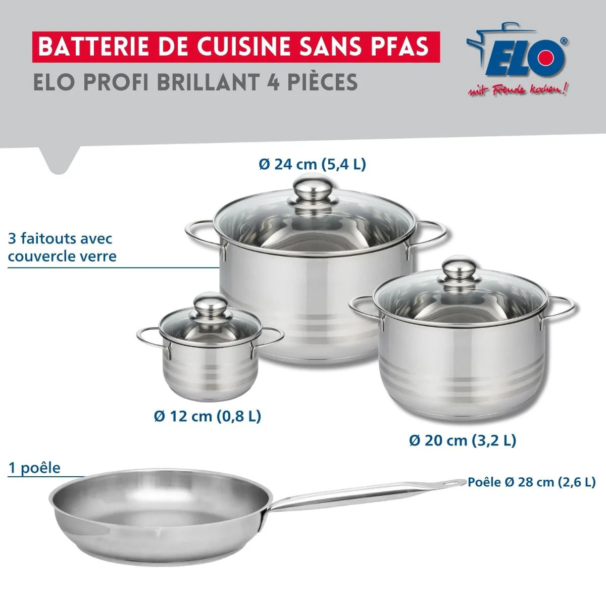 Ensemble de 1 Poêle de cuisson 28 cm et 3 faitouts 12, 20 et 24 cm Elo Profi Brillant