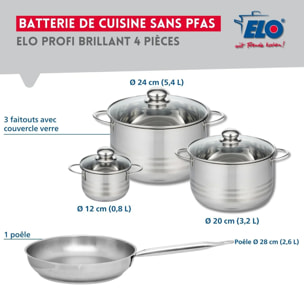 Ensemble de 1 Poêle de cuisson 28 cm et 3 faitouts 12, 20 et 24 cm Elo Profi Brillant