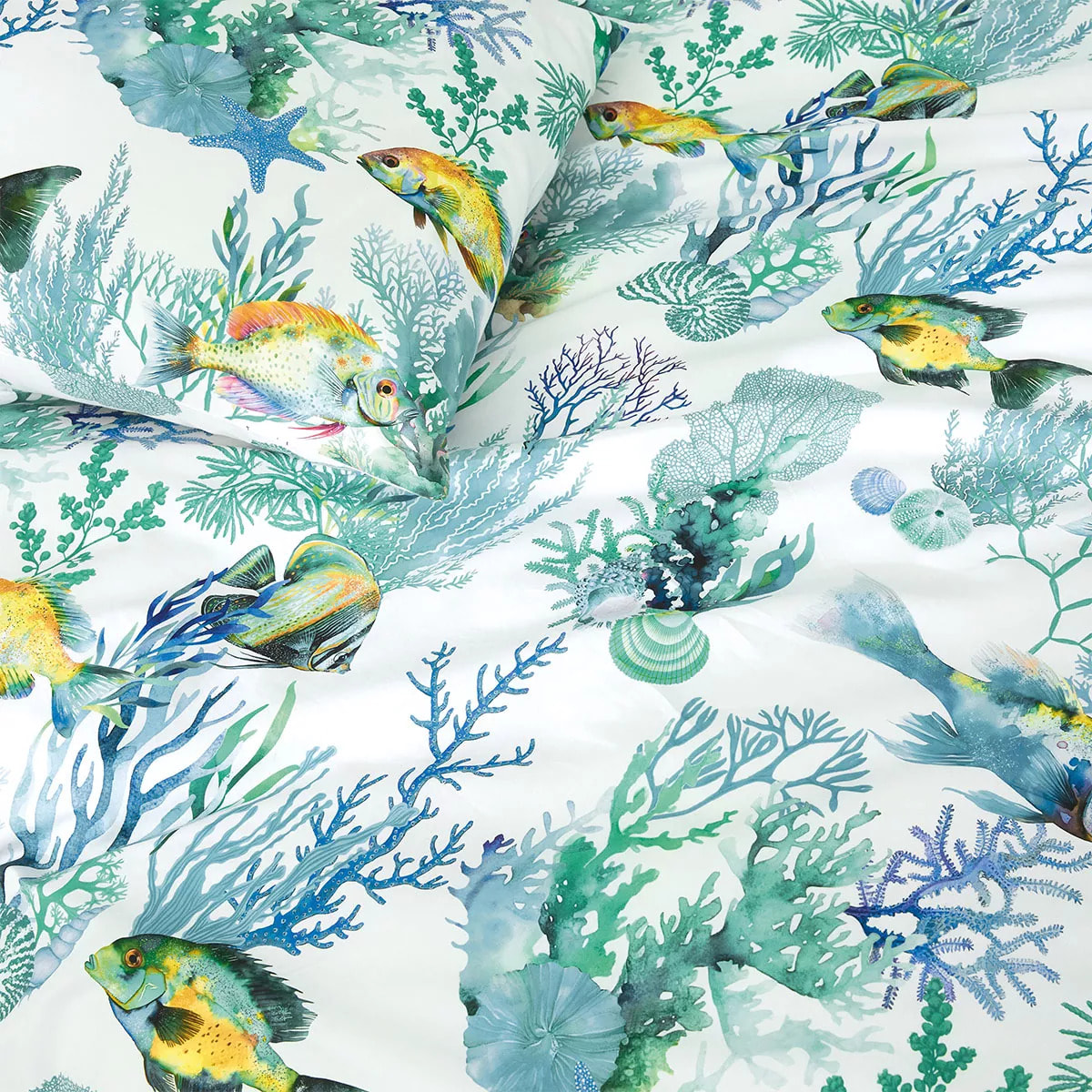 Lot h.couette +taies percale de coton imprimé blanc bleu Naia blanc