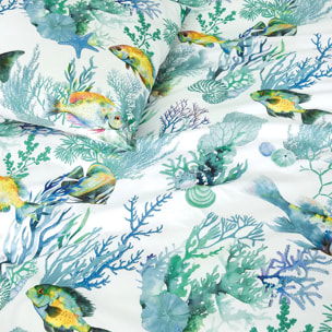 Lot h.couette +taies percale de coton imprimé blanc bleu Naia blanc